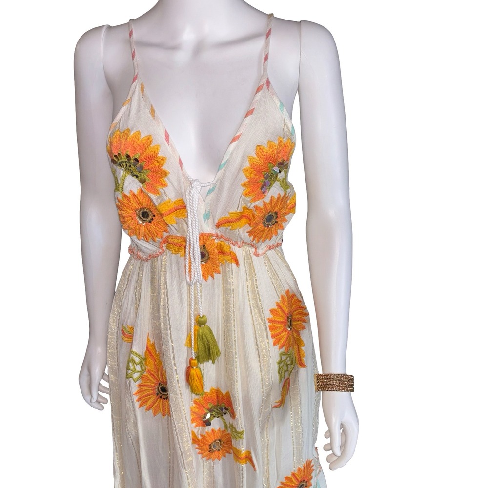 Boho‎ Sunflower Embroidered Maxi Dress Gold Lurex Stripe Tiered Tassel White